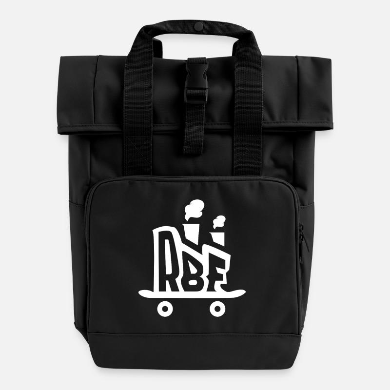 Rolling Board Factory Logo White - Roll Top Backpack with Two Handles - black