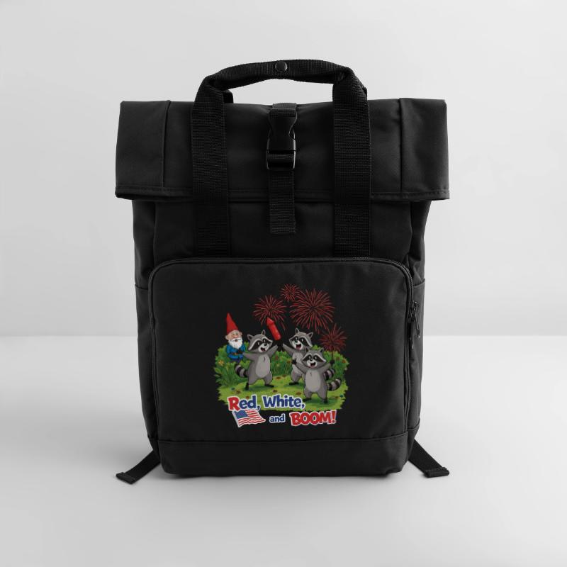 Waschbären-Feuerwerksparty zum 4. Juli Rolltop Rucksack mit zwei Griffen