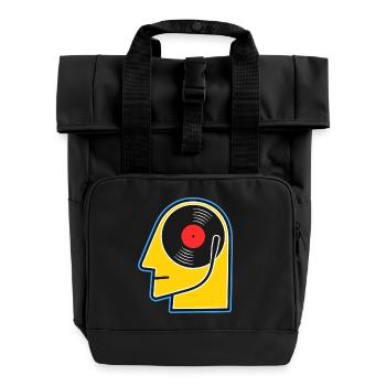 Vinyl Album Head Cartoon Portrait - Roll Top Backpack with Two Handles - black - Front