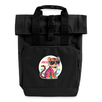 Neon Tiger with Retro Glasses - Roll Top Backpack with Two Handles - black - Front