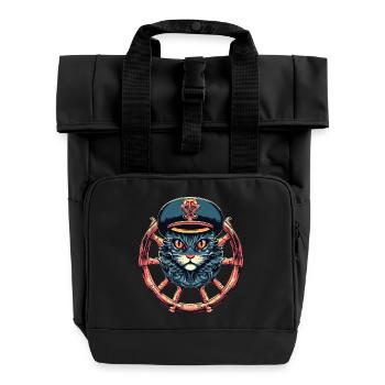 Captain Cat at the helm - Roll Top Backpack with Two Handles - black - Front