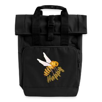gelber Happy Schriftzug mit handgezeichneter Biene - Rolltop Rucksack mit zwei Griffen - Schwarz - Vorne