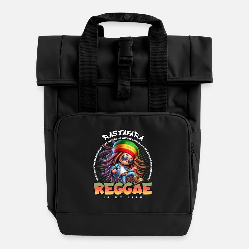 Reggae Vibes Rastafari Cartoon - Roll Top Backpack with Two Handles - black