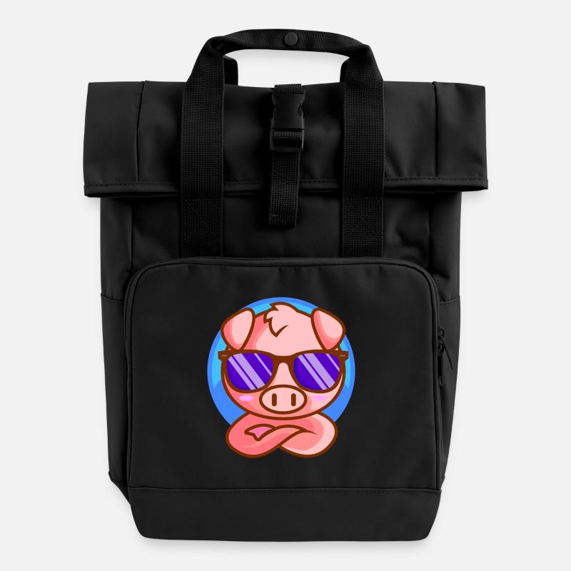 Little piglet with sunglasses - Roll Top Backpack with Two Handles - black