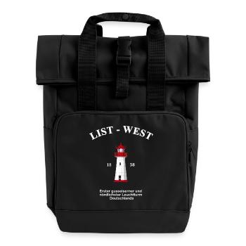 Leuchtturm List-West, Zeichnung mit Information - Rolltop Rucksack mit zwei Griffen - Schwarz - Vorne