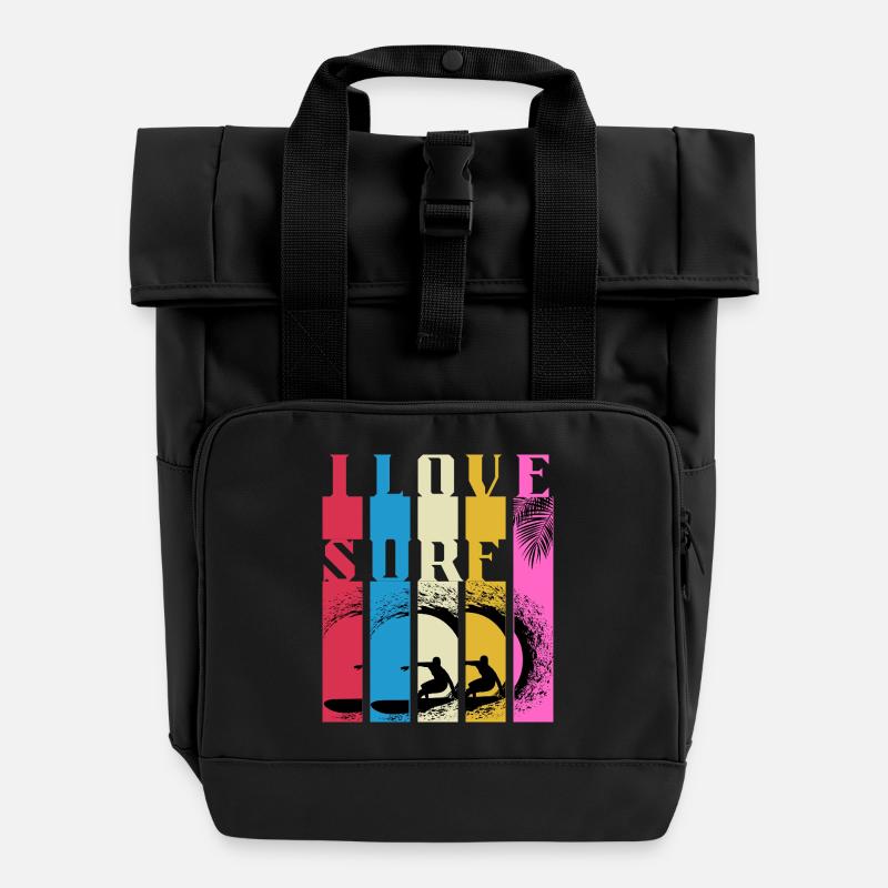 Multicolored Surf Waves - Roll Top Backpack with Two Handles - black