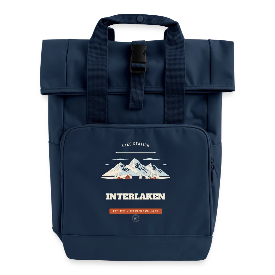 Interlaken badge on a roll top backpack with two handles, navy