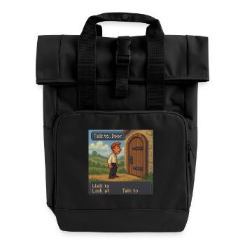Talk to Door - Pixel Art Gaming - Roll Top Backpack with Two Handles - black - Front