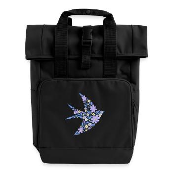 Nordic Floral - Bright Purple Bird - Roll Top Backpack with Two Handles - black - Front