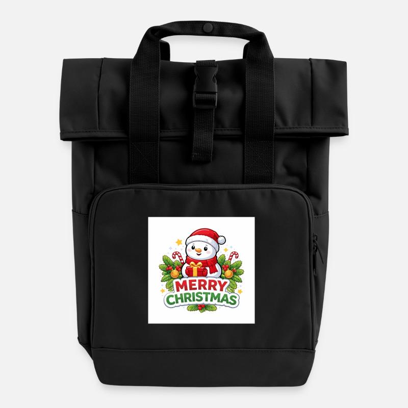 Snowman with gift Christmas fun - Roll Top Backpack with Two Handles - black