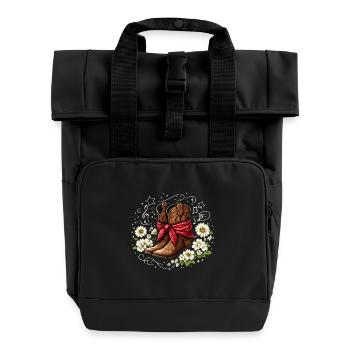 Cowboystiefel mit rotem Halstuch Blüten Noten - Rolltop Rucksack mit zwei Griffen - Schwarz - Vorne
