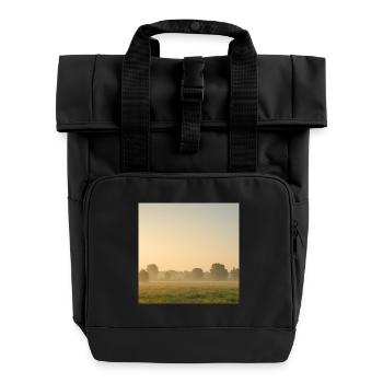 Morning fog over golden meadow - Roll Top Backpack with Two Handles - black - Front