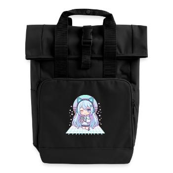 Kawaii Gamerin mit Katzenohren - Rolltop Rucksack mit zwei Griffen - Schwarz - Vorne