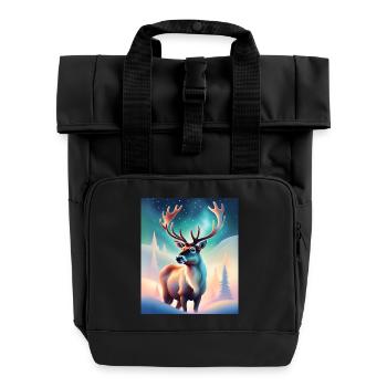Majestic reindeer design with northern lights - Roll Top Backpack with Two Handles - black - Front