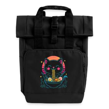 Kawaii Ramen Katze - Rolltop Rucksack mit zwei Griffen - Schwarz - Vorne