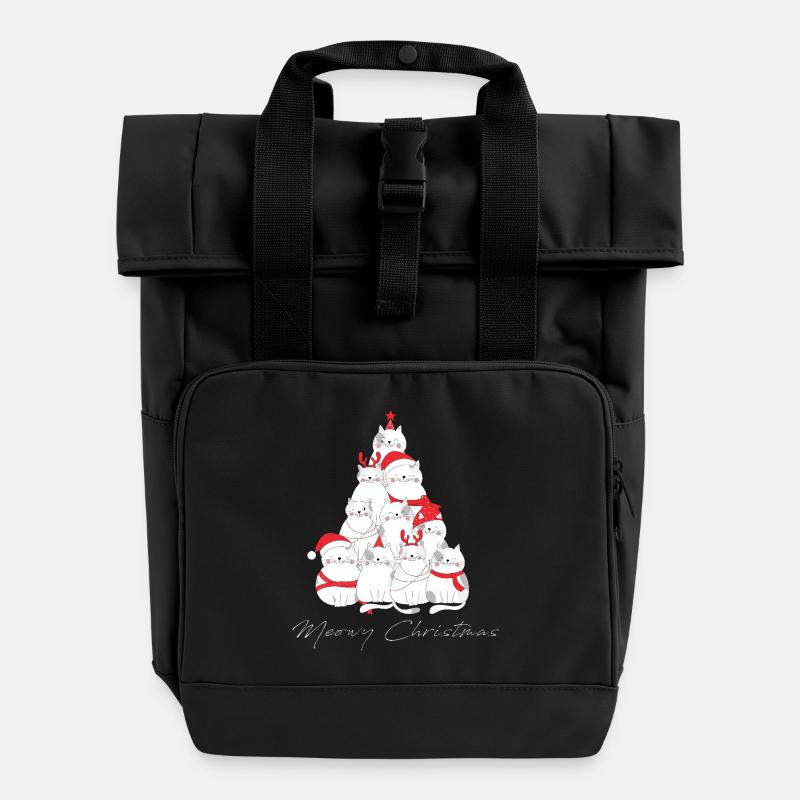 Meowy Christmas Cat Tree - Roll Top Backpack with Two Handles - black