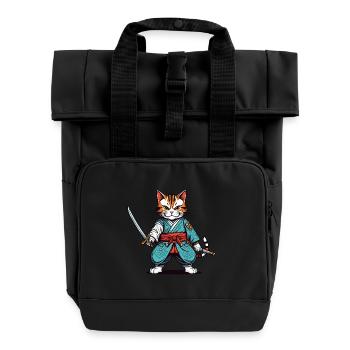 Samurai cat - Roll Top Backpack with Two Handles - black - Front