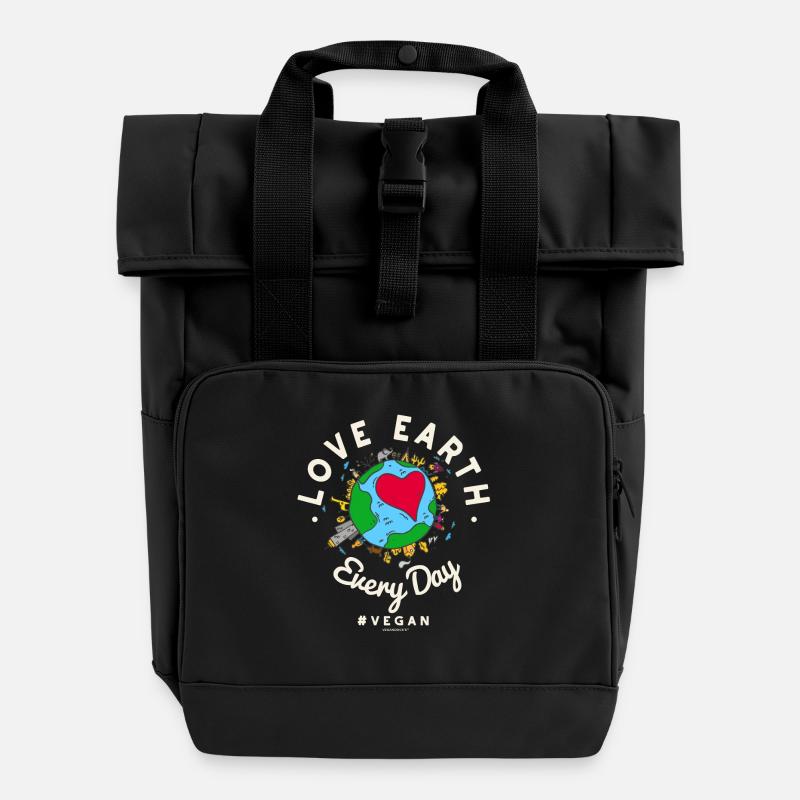 Love Earth Every Day #vegan Tshirt (Earth Day) - Roll Top Backpack with Two Handles - black