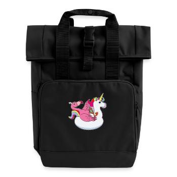 Flamingo on unicorn air mat kawaii summer - Roll Top Backpack with Two Handles - black - Front