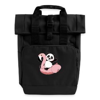 Panda on flamingo air mattress kawaii summer cool - Roll Top Backpack with Two Handles - black - Front