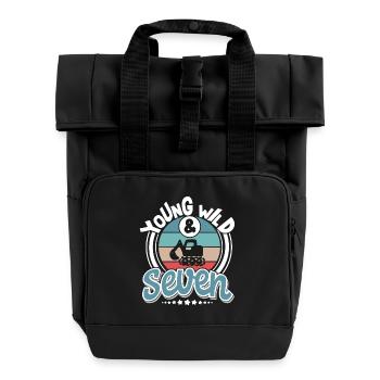 Excavator 7 years children's birthday party - Roll Top Backpack with Two Handles - black - Front