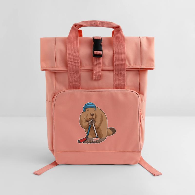 Biber beim Eishockey mit Eishockeyschläger Rolltop Rucksack mit zwei Griffen