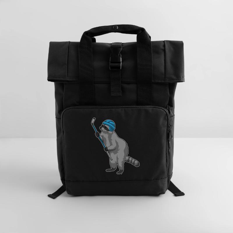 Waschbär beim Eishockey mit Eishockeyschläger Rolltop Rucksack mit zwei Griffen