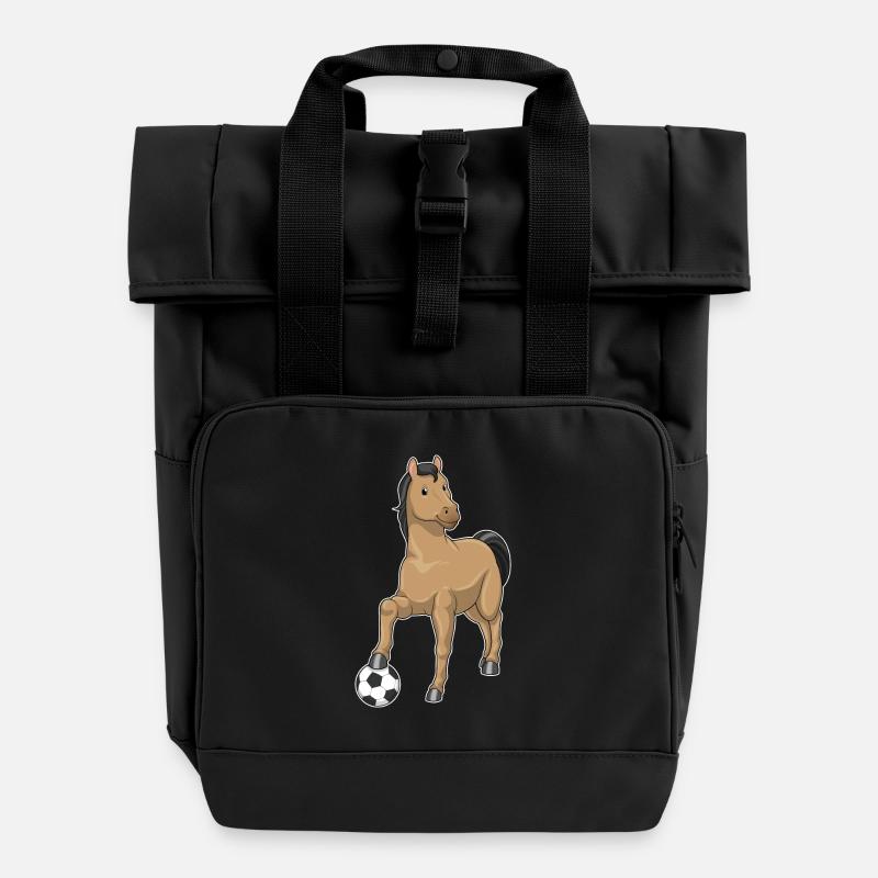 Horse as a soccer player with soccer ball - Roll Top Backpack with Two Handles - black
