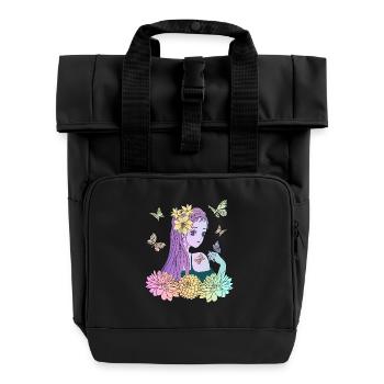 Manga girl with butterflies - Roll Top Backpack with Two Handles - black - Front