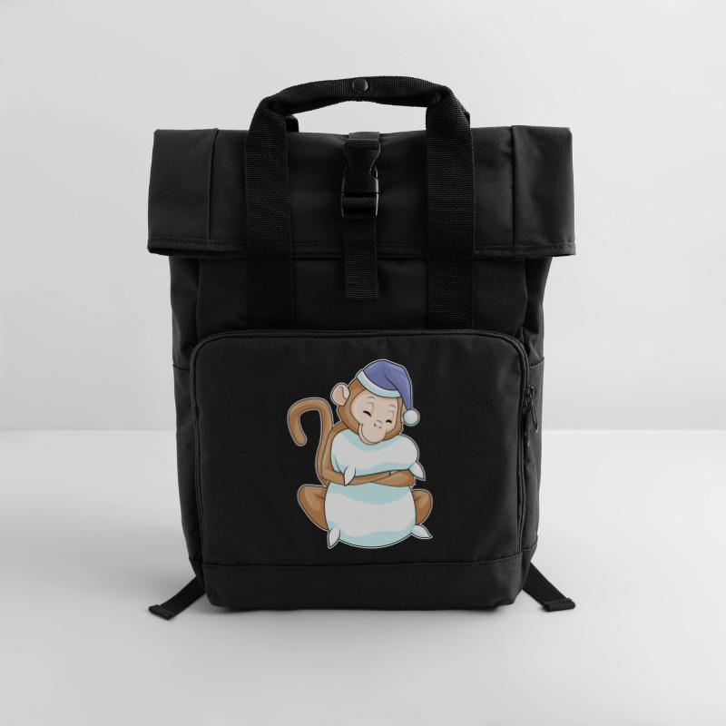 Monkey with pillow & sleeping cap Roll Top Backpack with Two Handles