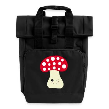 Kawaii Mushroom Toadstool cute red with face - Roll Top Backpack with Two Handles - black - Front
