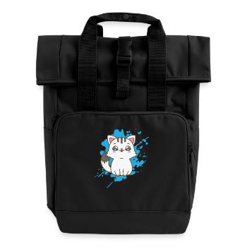 Katze im japanischen Kawaii Stil Tier - Rolltop Rucksack mit zwei Griffen - Schwarz - Vorne