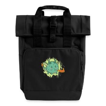 fat kawaii dragon spits fire - Roll Top Backpack with Two Handles - black - Front
