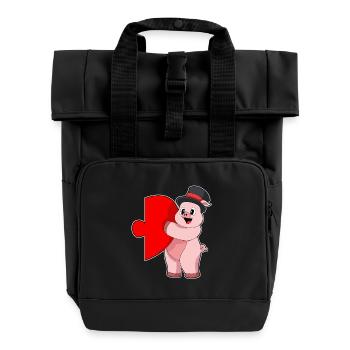 Pig Groom Heart Wedding - Roll Top Backpack with Two Handles - black - Front