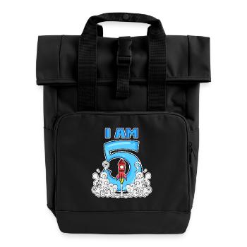 5 Birthday Boy Astronaut Rocket - five years - Roll Top Backpack with Two Handles - black - Front