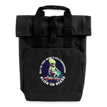 Alien auf Skateboard mit Schriftzug - Rolltop Rucksack mit zwei Griffen - Schwarz - Vorne