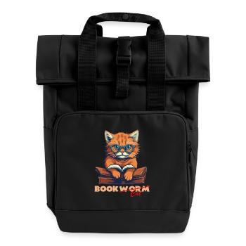 Katze mit Buch und Schriftzug - Rolltop Rucksack mit zwei Griffen - Schwarz - Vorne