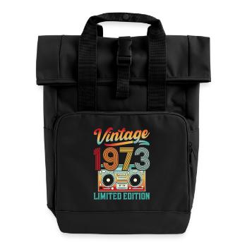 Vintage 70s Design with Retro Sound System - Roll Top Backpack with Two Handles - black - Front