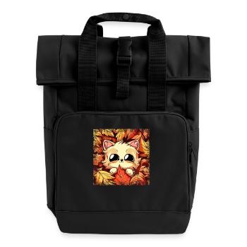 Katze im Herbst: Grunge-Rahmen mit Laub - Rolltop Rucksack mit zwei Griffen - Schwarz - Vorne