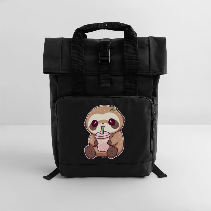 Kawaii Sloth Drinks Boba Bubble Tea Chibi Roll Top Backpack with Two Handles