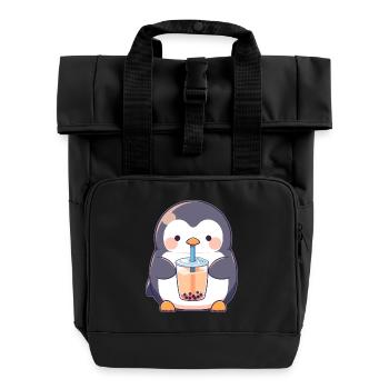 Kawaii Pinguin trinkt Boba Bubble Tea Chibi - Rolltop Rucksack mit zwei Griffen - Schwarz - Vorne