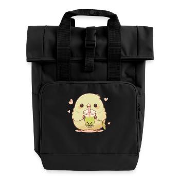 Kawaii Lovebird Drinks Boba Bubble Tea Chibi - Roll Top Backpack with Two Handles - black - Front