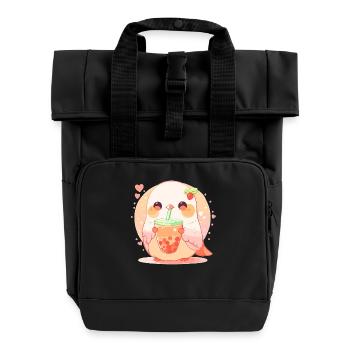 Kawaii Lovebird Drinks Boba Bubble Tea Chibi - Roll Top Backpack with Two Handles - black - Front