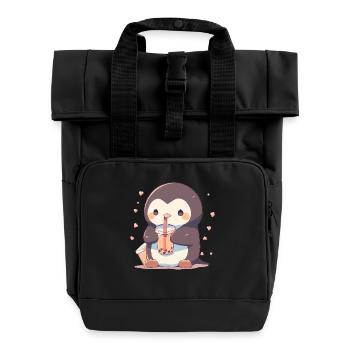 Kawaii Pinguin trinkt Boba Bubble Tea Chibi - Rolltop Rucksack mit zwei Griffen - Schwarz - Vorne