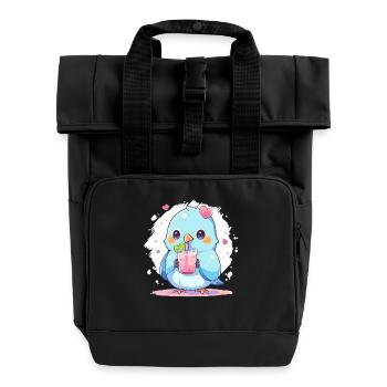 Kawaii Lovebird Drinks Boba Bubble Tea Chibi - Roll Top Backpack with Two Handles - black - Front