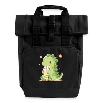 Kawaii Dinosaur Drinks Boba Bubble Tea Chibi - Roll Top Backpack with Two Handles - black - Front