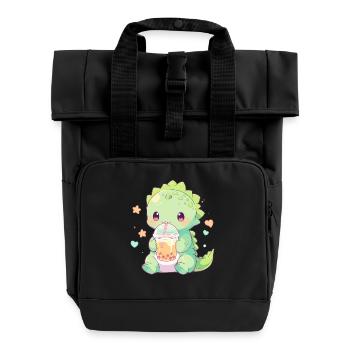 Kawaii Dinosaur Drinks Boba Bubble Tea Chibi - Roll Top Backpack with Two Handles - black - Front