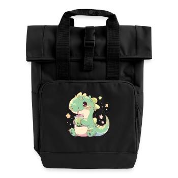 Kawaii Dinosaur Drinks Boba Bubble Tea Chibi - Roll Top Backpack with Two Handles - black - Front