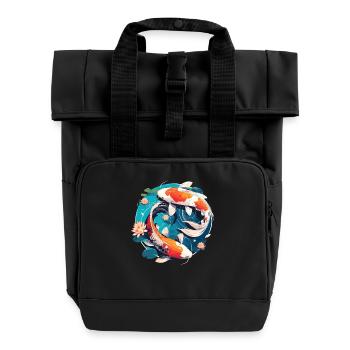 Vintage 80er Retro Japanisch Asiatisch Koi Karpfen - Rolltop Rucksack mit zwei Griffen - Schwarz - Vorne