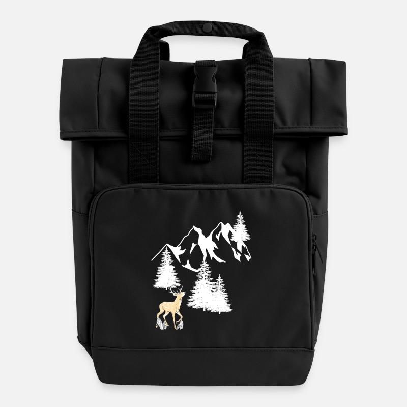 Mountains Peaks Spruce Navel Tree Deer Nature - Roll Top Backpack with Two Handles - black